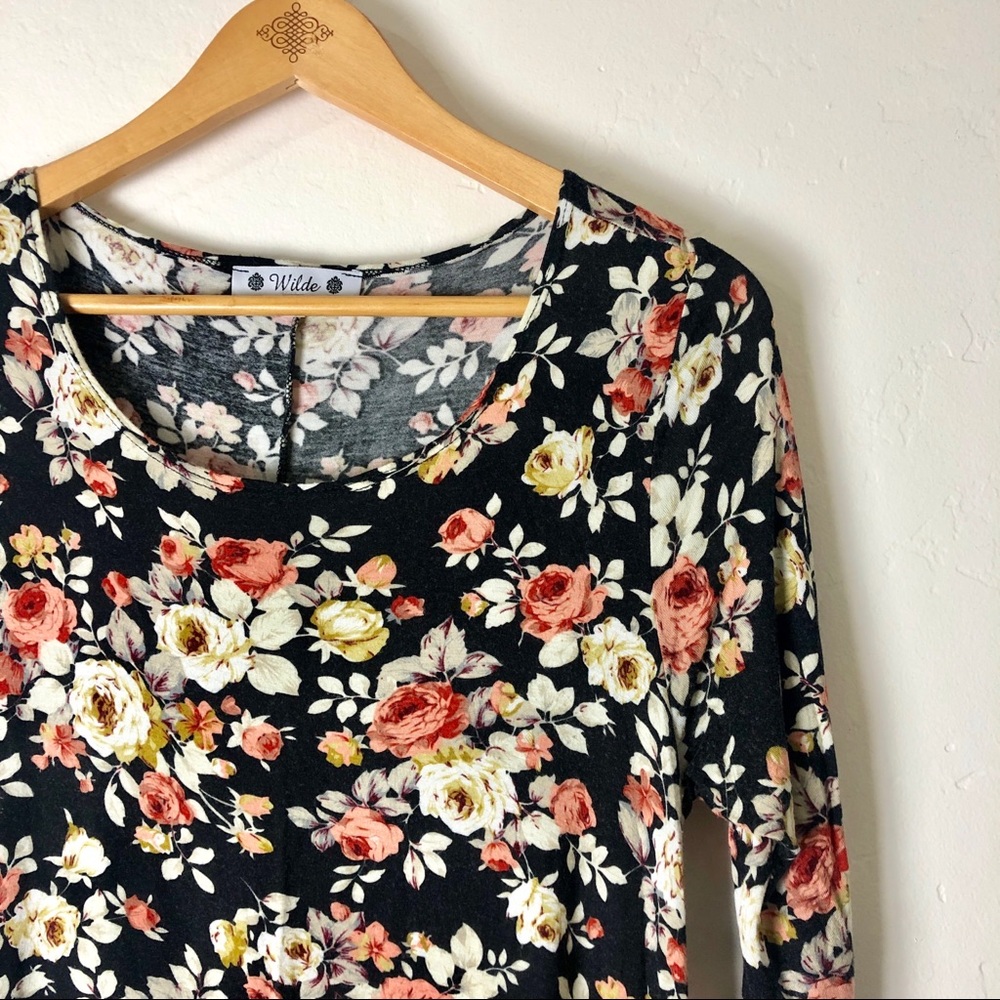 Black Floral Roses Jersey Asymmetrical Dress